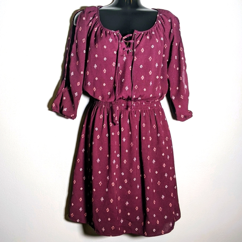 Maroon Diamond Pattern Maurices Dress Long Tunic XS Slit Sleeves